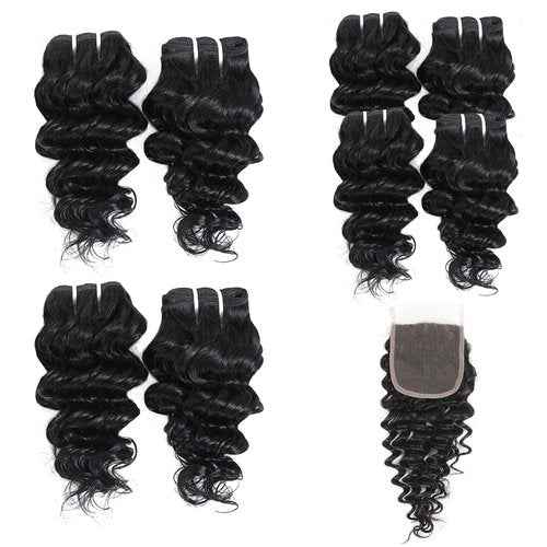 Deep Wave Human Hair Bundles 8 Inch(50g/Bundle,4 Bundles)+Water Wave Human Hair Bundles 8 Inch with 4×4 Closure (50g/Bundle,4 Bundles+1Closure)