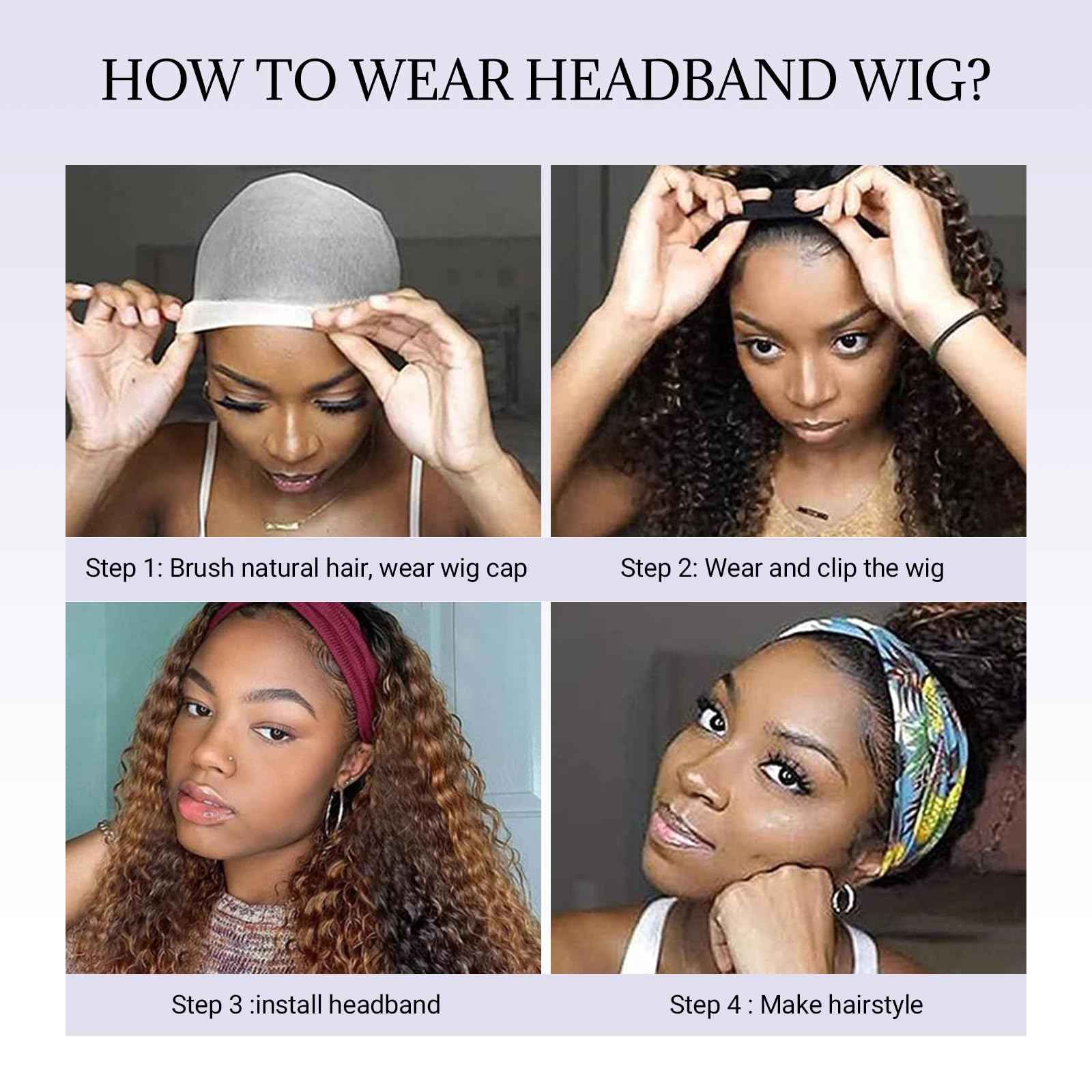 26Inch Ombre Highlight Headband Wig Human Hair Deep Wave 4/27 Honey Blonde Human Hair Headband wigs for Black women Glueless None Lace Front Wig Machine Made 180% Density Curly Half Wig Human Hai