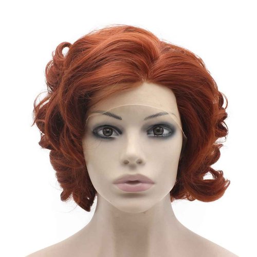 MX angel Swiss Lace Front Short Curly Burgundy Red Cosplay Party Wig Synthetic