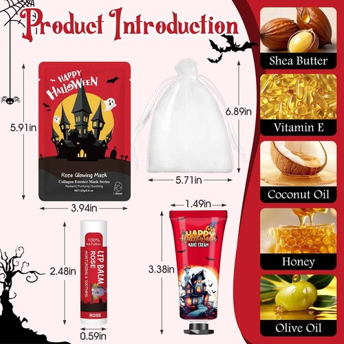 60 Pack Bulk Halloween Facial Mask, Hand Cream and Lip Balm Sets, Halloween Gifts, Halloween Party Favors, Halloween Decorations and Halloween Basket Stuffers with Halloween Card and Organza Bags