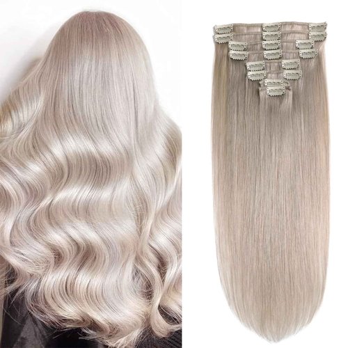 Clip in Hair Extensions Real Human Hair Clip in Extensions for Women Seamless Invisible Light Grey Natural Remy 100% Human Clips ins Extension 8pcs Double Weft 20 inch 3.7oz/105g