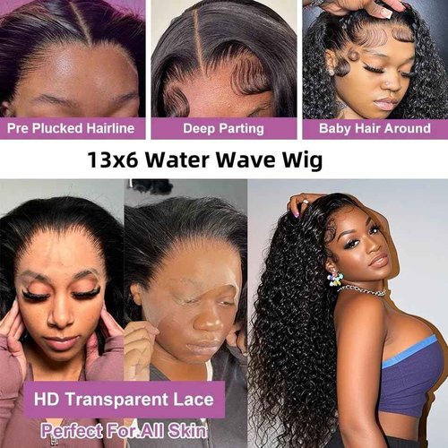 Caijuxing Water Wave Lace Front Wigs Human Hair 13x6 HD Lace Front Wigs Human Hair 200% Density (Natural Black- Water Wave Wig, 28 Inch)