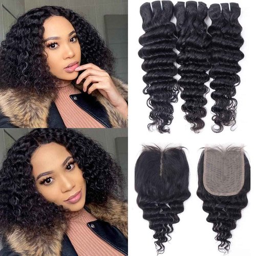 FQ Brazilian Deep Wave Bundles with Closure Deep Curly Weave Human Hair Bundles with Lace Closure Unprocessed Virgin Hair Weft Bundles and 4x4x1 Closure(12 14 16+10, 70g/bundle)