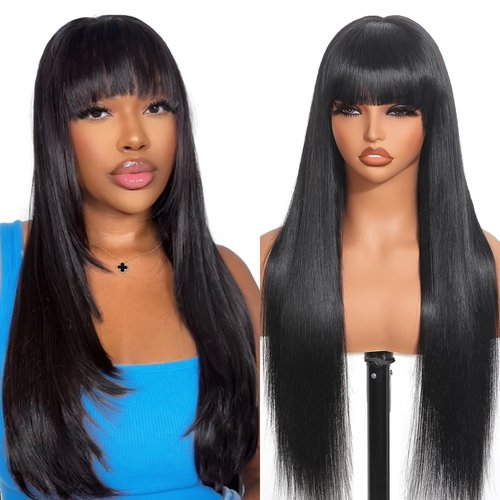 tunfine Straight Human Hair Wig with Bangs 4x6 Lace Closure Bang Wig 100% Burmese Virgin Human Hair Beginner Friendly Ready to Wear Glueless Wigs for Women 16 Inch