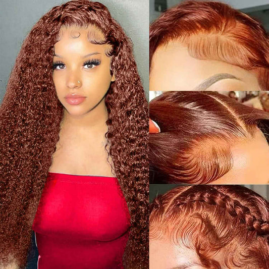 250 Density Reddish Brown Ultra-thin HD Lace Front Wigs Human Hair Upgraded Tiny Knots 20inch Copper Red 13x4 Deep Wave Transparent Lace Frontal Wig Pre Plucked Curly Wigs for Women Ginger #33 Colored