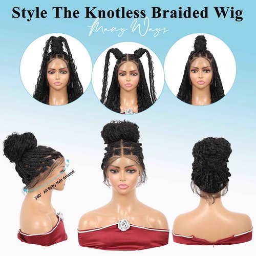 Esnccur 360° HD Full Lace Knotless Boho Braided Wigs for Women Box Braid Wig with Baby Hair Premium Synthetic Braided Lace Front Wigs Black 36 Inch