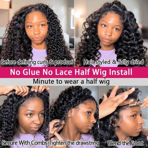 yamduly Half Wig Human Hair 200% Density Water Wave Glueless Wear and Go Wig with Adjustable String Seamless Flip Over Invisible Hairline Beginner Friendly Clip-In Headband Wig 16 Inch
