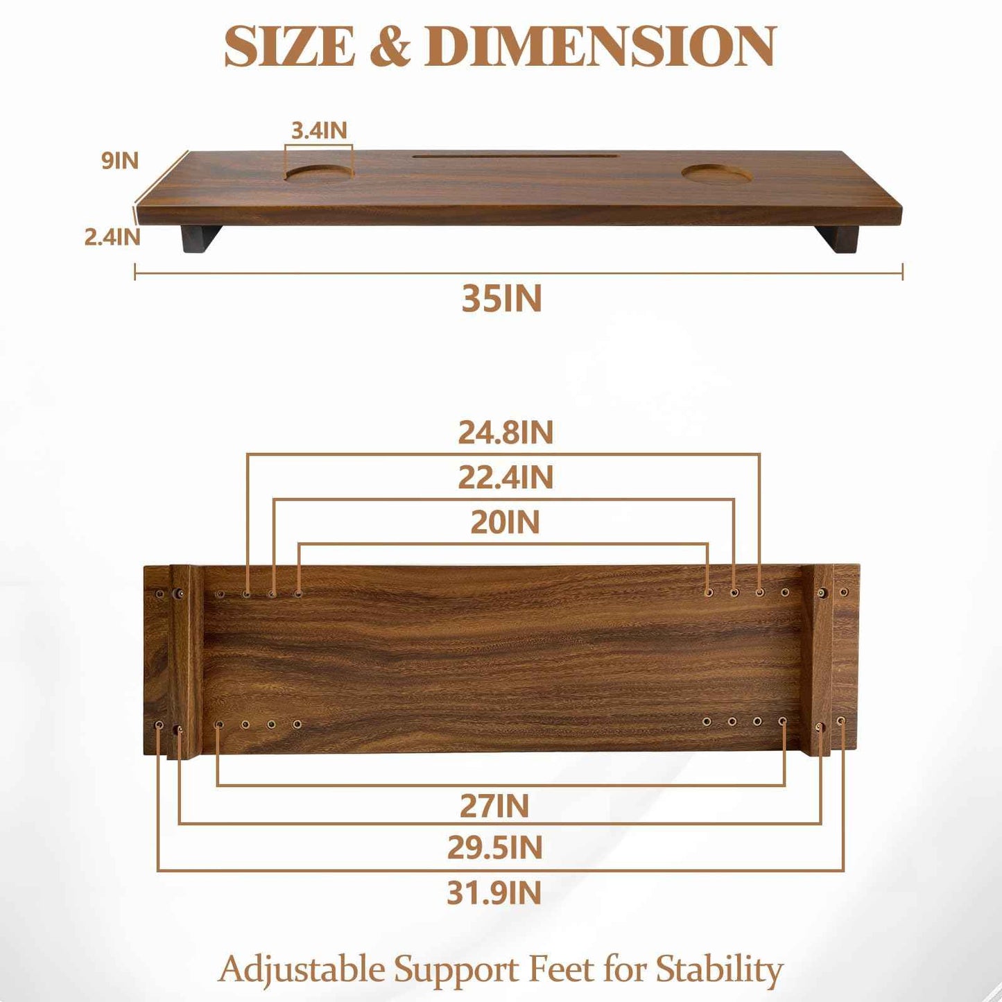 Graceware Walnut Bathtub Tray (35"x9"x2.5"), Luxury Bath Tray for Tub | Anti-Tip Adjustable Bathtub Trays for House Warming Gifts