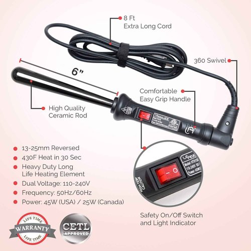 Le Angelique Reverse Tapered Curling Wand for a Unique Curly Look - 1/2 to 1 Inch (13-25mm) Conical Curler Iron with Glove and 2 Clips | 430F Instant Heat | Ceramic Coating | Dual Voltage - Black