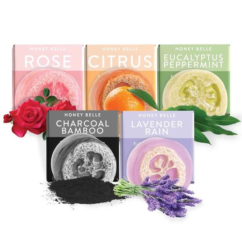 Honey Belle Exfoliating Loofah Soap Bar Top Selling 5 Pack | Exfoliating Soap Scrub with Loofah Inside | Eco-Friendly, Plant-Based, Moisturizing, All-Natural Soap with Built In Loofah