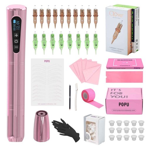 POPUPMU Tattoo Machine Kit - Wireless Tattoo Pen 3.0mm Stroke Length 800mAh Coreless Motor Rotary Gun Pen Set with Lining Needles Round Liner 18Pcs for Tattoo Beginner Artist Pink(NORA)