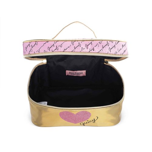 Juicy Couture Gold Pink Makeup Bag Cosmetics Organizer Travel Essentials Train Case Shiny Heart