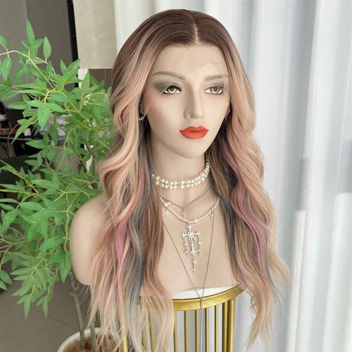 VASTCURY Rainbow Wigs Highlight Pink Blue Ombre Color 13x4 Synthetic Fiber Lace Front Wig Loose Wave 20Inch Pre Plucked Hairline for Women