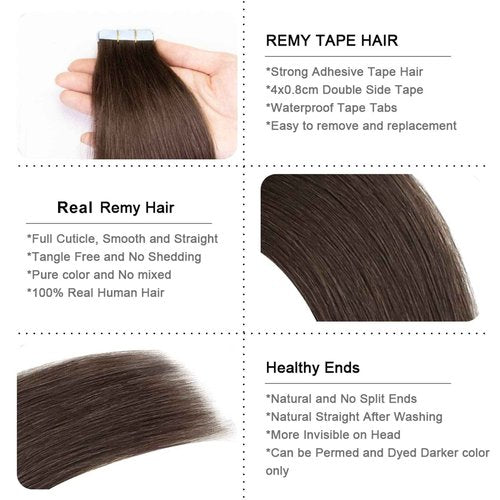 VADES Tape In Hair Extensions Remy Human Hair #2 Chocolate Brown Tape Hair Extensions Real Human Hair 20 Inch Invisible Seamless Skin Weft Extensions 100 Grams 40 Pieces