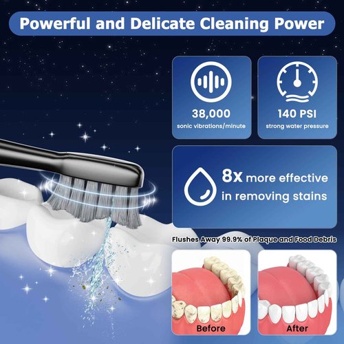 Electric Toothbrush with Water Flosser, Upgrade Flossing Toothbrush Combo, 5 Floss Speeds&3 Brush Modes, 500mL Tank, 30-Day Battery, for Adults & Teens, Gums, Braces, Dental Care,Off-Blue