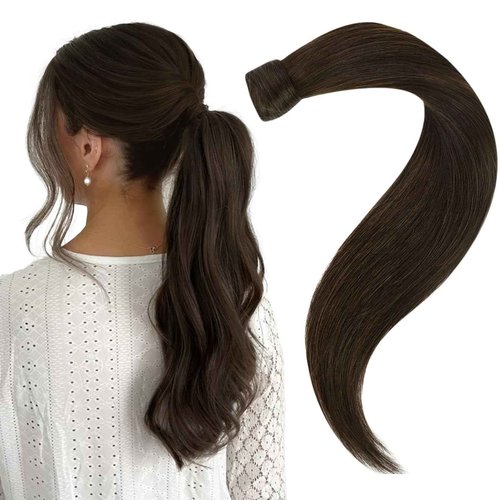 Easyouth Human Hair Ponytail Extension Dark Brown Ponytail Extension Human Hair Brown 20 Inch 80g Pony Tails Hair Extension Easy to Apply and Remove Wrap Around Ponytail Extensions for School