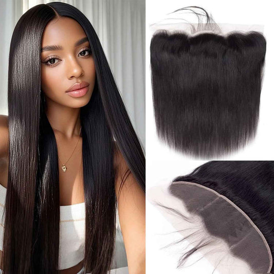 13x4 Straight HD Lace Frontal Closure 100% Unprocessed Brazilian Virgin Hair Silky Smooth Texture 150% Density Ear to Ear Lace Pre-Plucked Natural Black Long-Lasting 16 Inch
