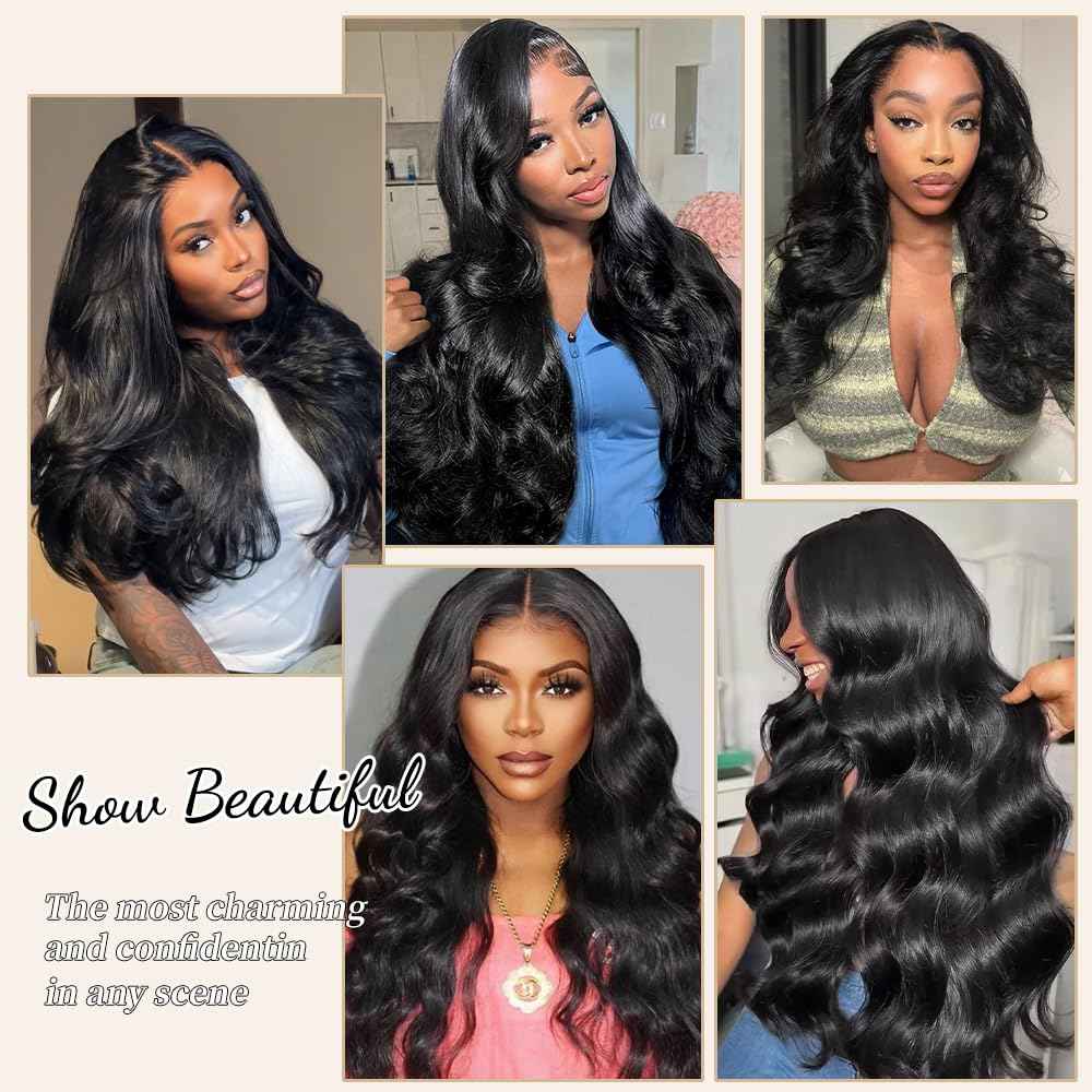 32 Inch Real Human Hair Wigs 200 Density 13x6 Body Wave Lace Front Wigs Human Hair Pre Plucked HD Transparent Lace Frontal Wigs Natural Black Glueless Wig