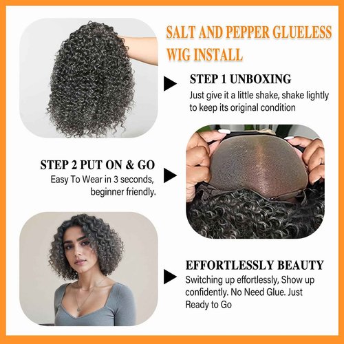 HANASCC Salt and Pepper Wigs for Women Deep Curly Grey Glueless Wigs Human Hair Mixed Kinky Curly Deep Wave Gray human hair Short Wigs for Women 10 Inch