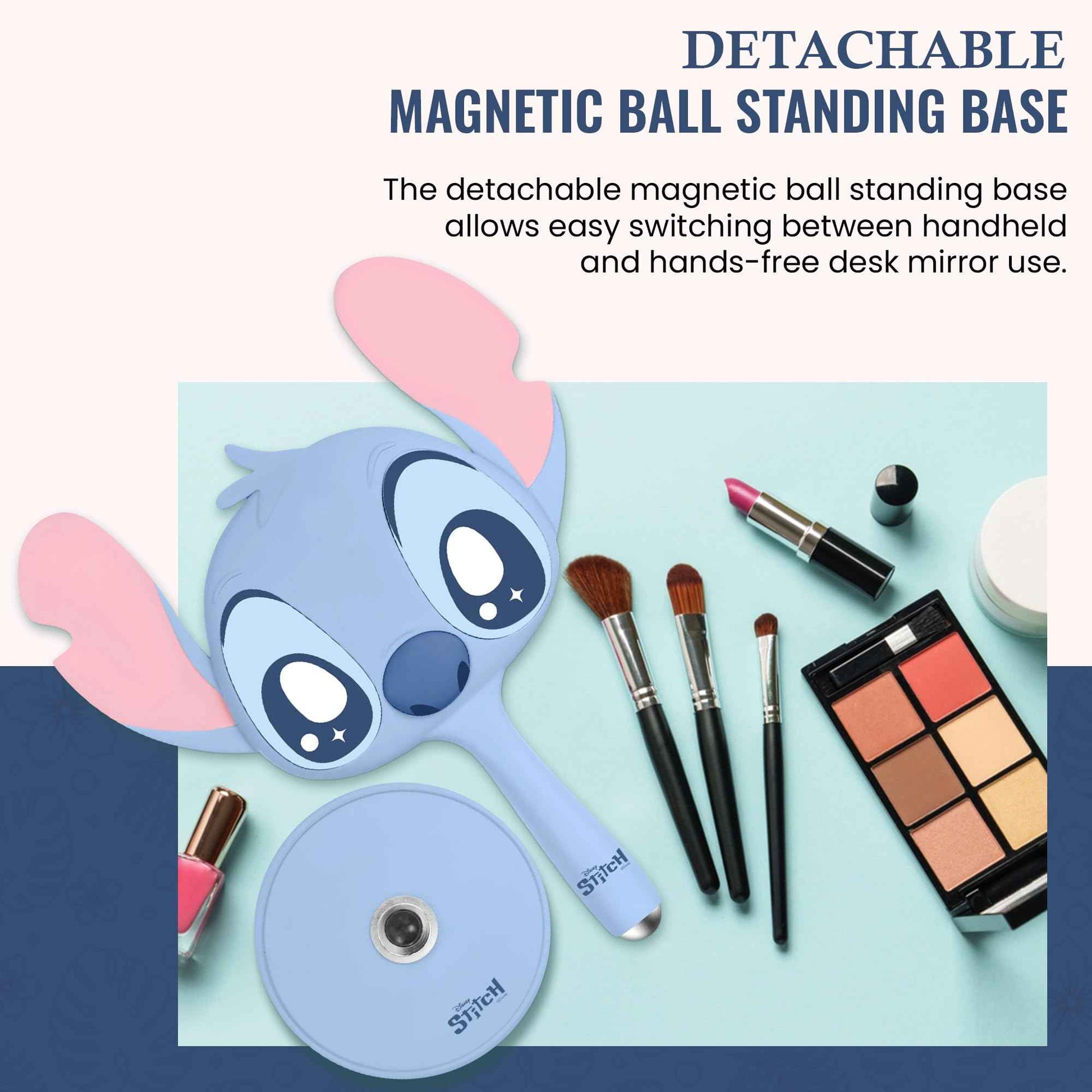 Impressions Vanity Stitch Ohana LED Handheld Makeup Mirror for Desk, Lighted Travel Makeup Mirror with Detachable Standing Base, Ultra Bright Adjustable Lighting, and Ohana Figural Shaped Design