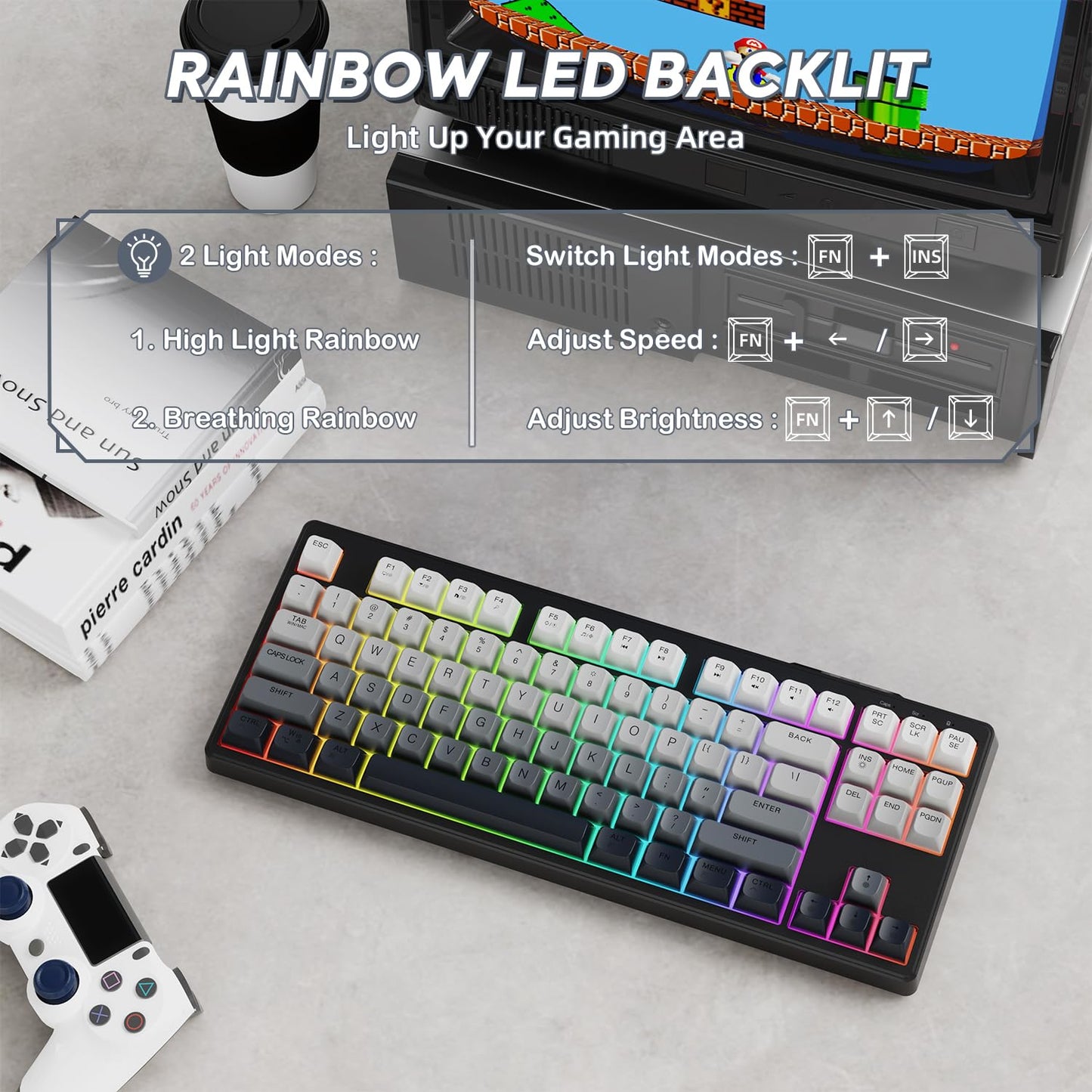 ZIYOU LANG M87 75% Wireless Gaming Keyboard Mechanical Feel Silent Rainbow Backlit Bluetooth/2.4Ghz PBT Gradient Keycaps Rechargeable 4000mAH Battery Ergonomic for MAC/Win/PC-Moonnight