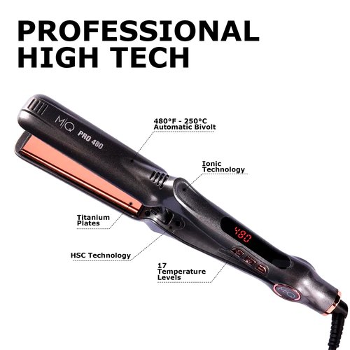 MQ Professional Hair Straightener - Titanium Flat Iron Pro 480°F - Brazilian Expertise - Bivolt, Anatomic Design, Ultra-Smooth - 17 Temperature Settings – Ideal for Professional Use