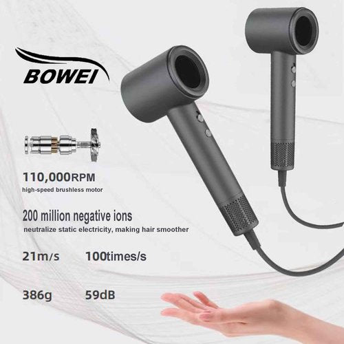 BOWEI Hair Dryer, Negative Ionic Hair Dryer, High-Speed Blow Dryer with 110,000 RPM Brushless,Fast Drying Travel Hairdryer, Lightweight 3 Speeds and 6 Temps Low Noise with Magnetic Nozzle