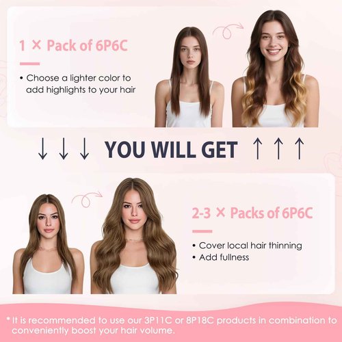 TESS Clip in Hair Extensions Human Hair with Single Clip Lace Weft Straight Highlight Add Volume 6 Pcs 6 Clips, 22 Inch, Chocolate Brown Mixed Light Brown