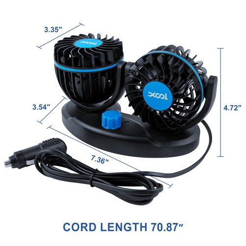 XOOL 12V Fan Car Fan, Adjustable Dual Head 3.5 Inches for Front Seat Passenger, 360° Rotatable Electric Car Cooling Fans with 2 Speed Regulation for SUV, RV, Vehicles