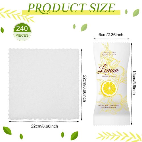VitalCozy 240 Pcs Moist Cotton Towel Moist Towelettes Individually Wrapped Scent Disposable Face Towel 8.6'' x 8.6'' Hot/Cold Moistened Cleansing Wipes, Lemon Tea Tree and Lavender Scent (White)