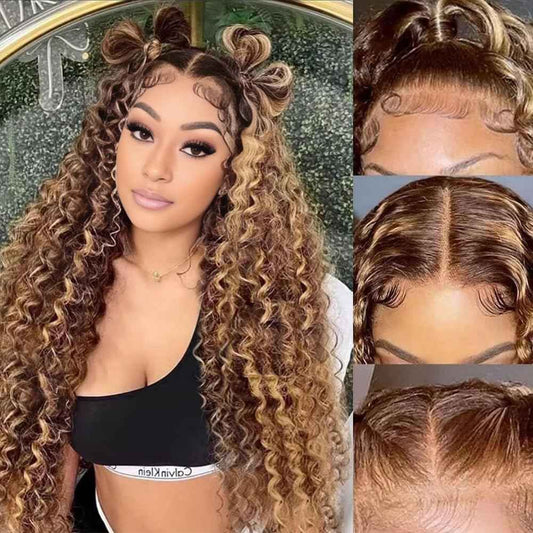 34 Inch Highlight Curly Wig Human Hair 9x6 Deep Wave HD Lace Front Wigs Human Hair 4/27 Colored Deep Curly Lace Frontal Wigs C Part Wig for Woman Pre Plucked with Natural Hairline 220% Density
