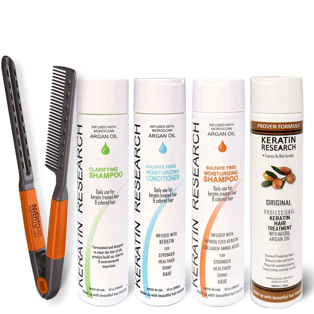 Keratin Research Complex Brazilian Keratin Blowout Hair Treatment 4 Bottles 300ml Value Kit Includes Sulfate Free and Easy Comb