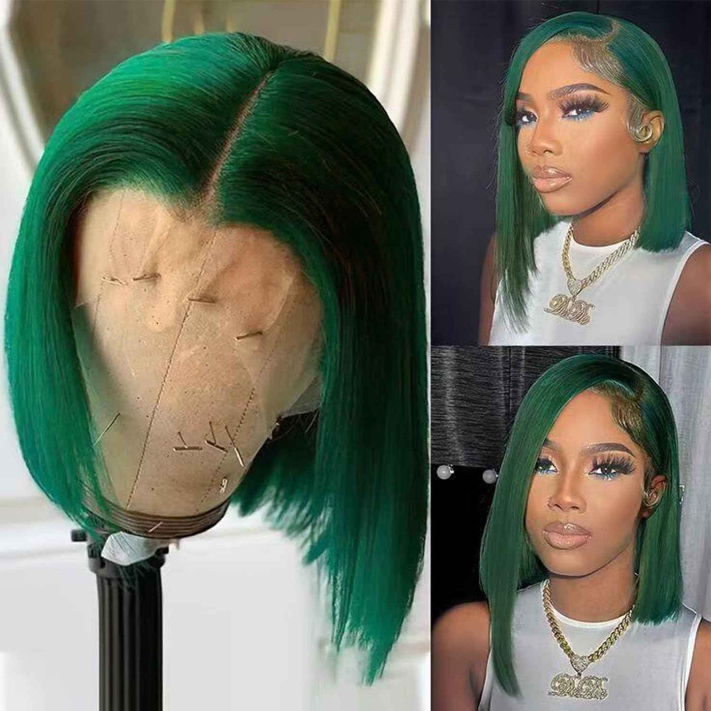13x4 Transparent Lace Frontal Dark Green Bob Wig Human Hair Brazilian Virgin Short Bob Wigs 180% Density Dark Green 13x4 Lace Bob Wig Pre Plucked Natural Hairline with Baby Hair（8 Green)