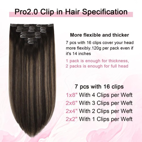 Sweetmet Pro2.0 Clip in Hair Extensions Real Human Hair 120g Thick 7pcs Color #2/6/2 Balayage Dark Brown to Chestnut Brown Remy Real Human Hair Extensions Clip ins 14inch Double Weft（#2/6/2-14inch）