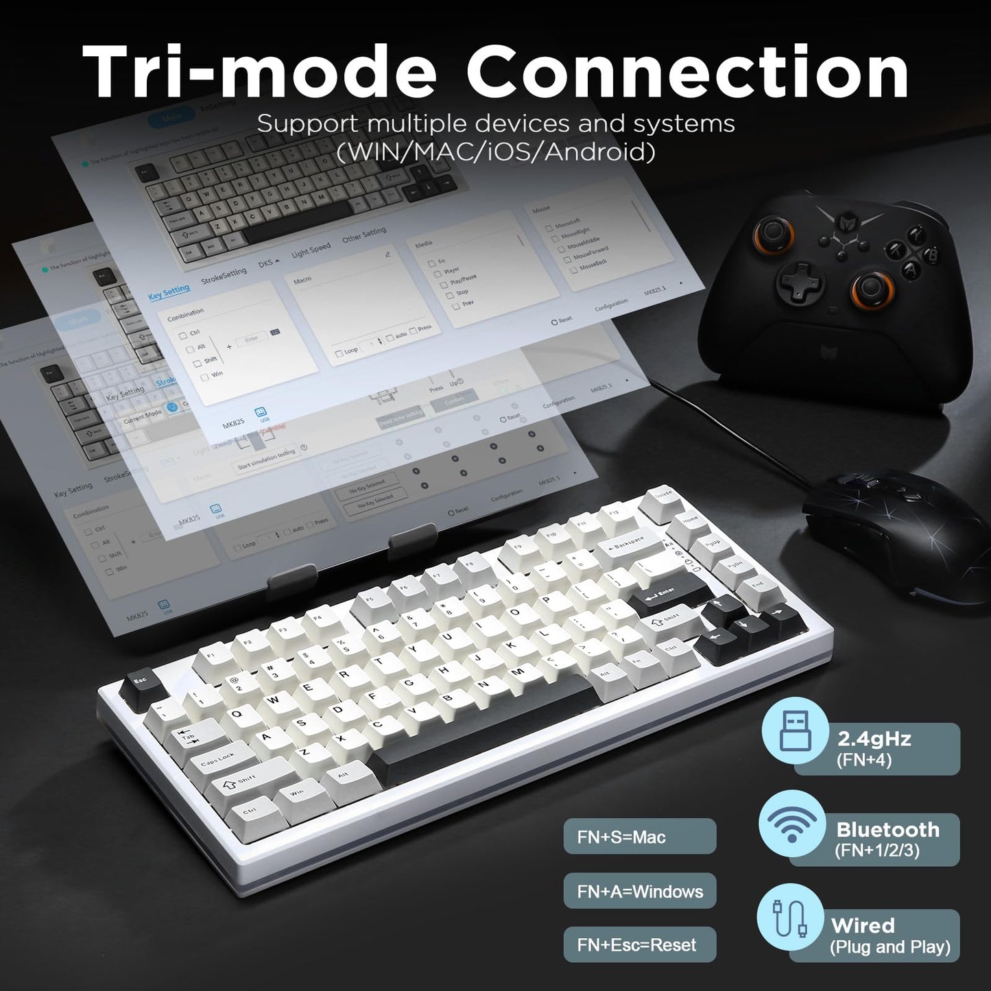 YUNZII RT80 Rapid Trigger Hall Effect Magnetic Gaming Keyboard, 8K Polling Rate, 75% Layout,BT/2.4GHz/Wired,RGB Backlit,Hot Swap,Adjustable Actuation Wireless for Win/Mac(White, Gateron White)