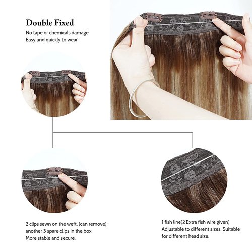 Tinashe Wire Hair Extensions Human Hair Invisible Clip in Hair Extensions Chocolate Brown to Ash Brown and Honey Blonde Secret Headband Wire in Invisible Hair 20inch 90g