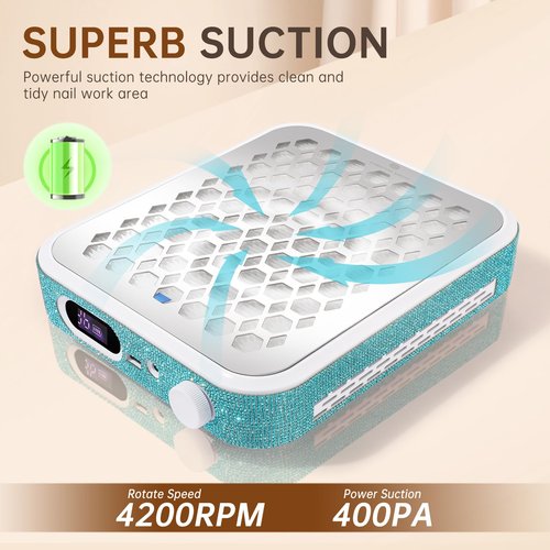 CHRISTINE SHELLY Nail Dust Collector, Rechargeable Dust Collector Nail Tech, Powerful Vacuum Fan Vent Dust Collector Extractor Dust Suction Machine for Acrylic Nails Polishing, Nail Salon&Home, Blue
