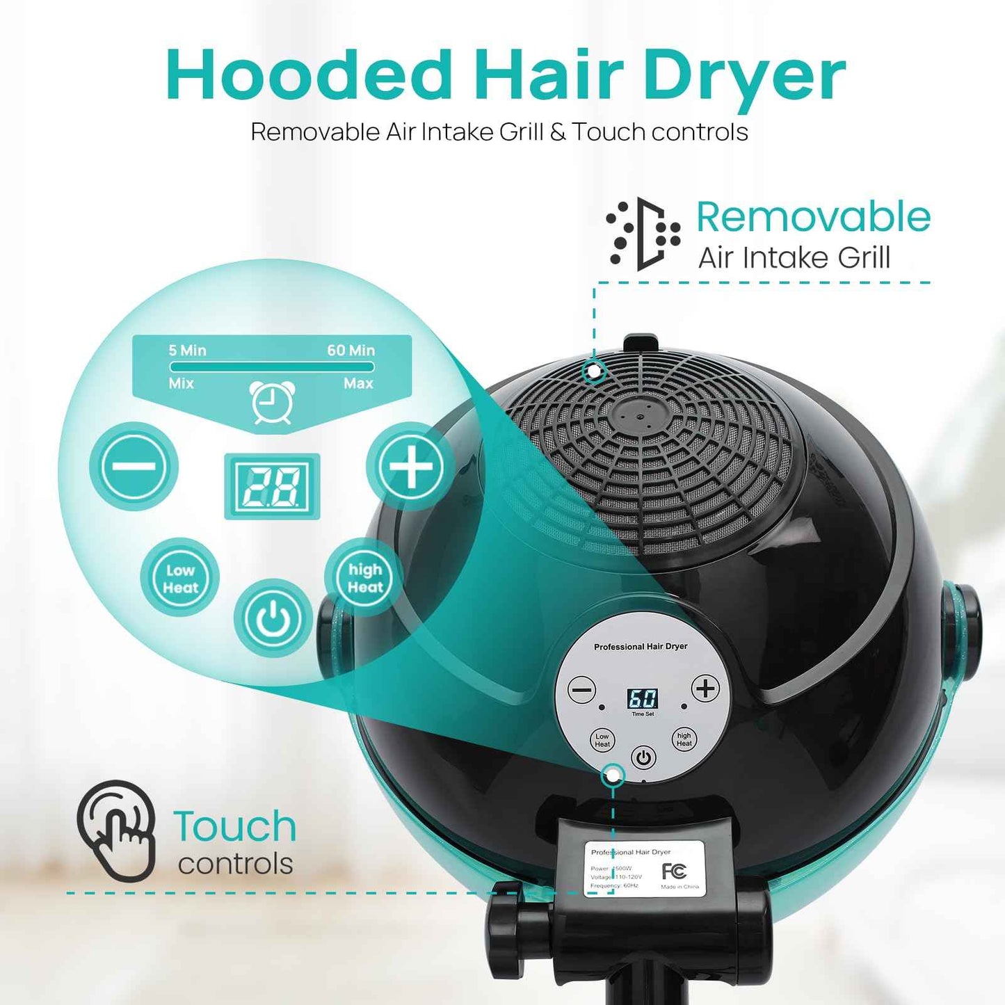 Hooded Hair Dryer, Professional Hood Dryer on Wheels, Standing Hair Dryer with Touch Controls, 3 Settings for Salon and Home Use, 1500W