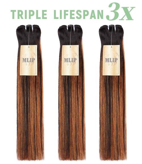 mlip Raw Bundles Human Hair Straight, No Tangle Shedding, Keep Texture Silky Soft After Multiple Washes, 15A Raw Indian Hair Bundles 14 Inches, Brown Highlight Bundles