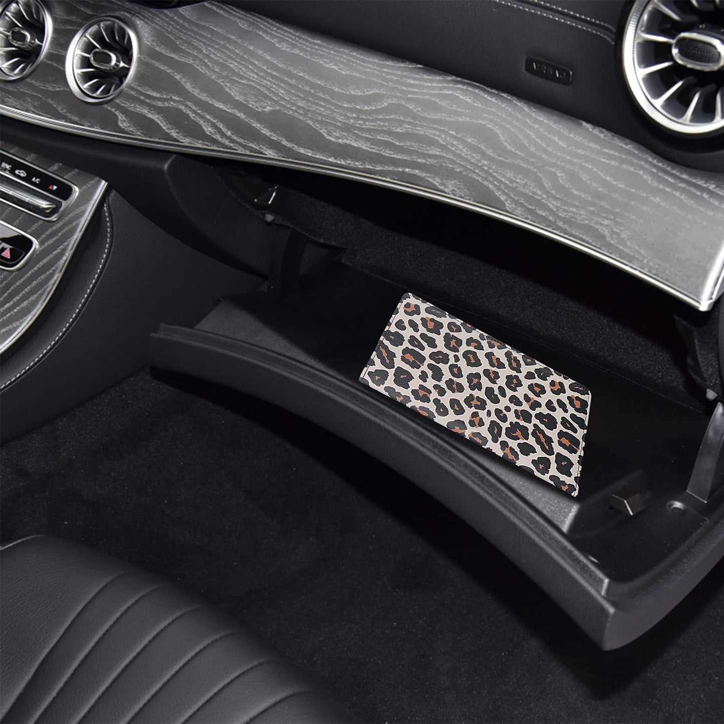 LumiMokki Premium Car Registration & Insurance Card Holder with Magnetic Shut, Vehicle Glove Box Car Organizer - For Documents, Cards, License (Leopard A)