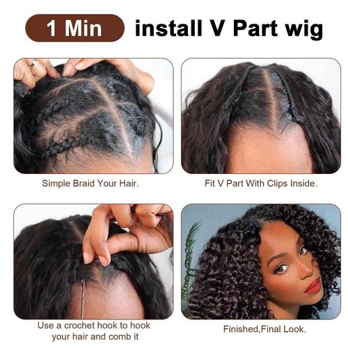 Wosama V Part Wig Human Hair curly Upgrade U Part Wig for Black Women Kinky curly Glueless Clip In Half Wig No Leave Out Wigs 180% Natural Color 22inch