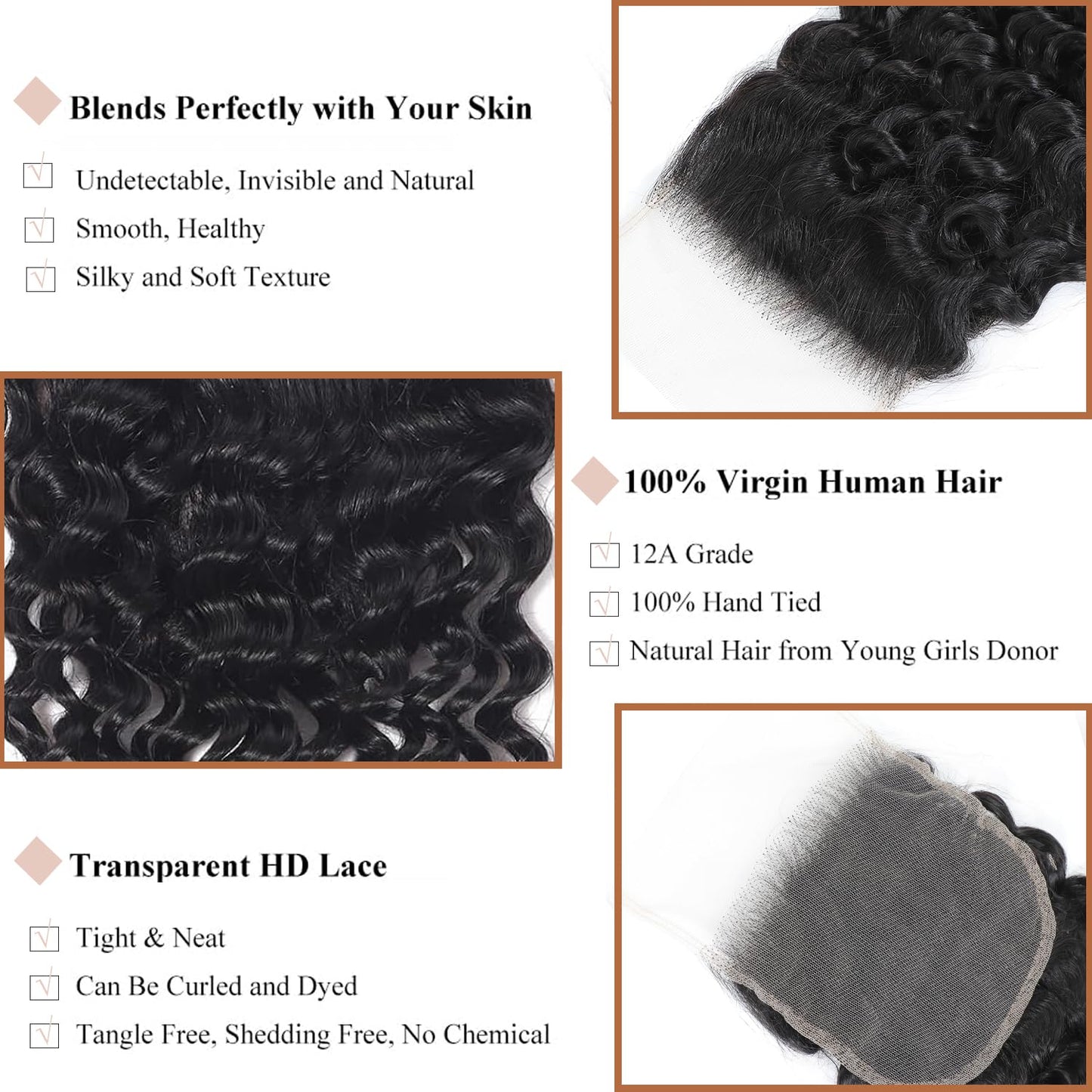 12A Human Hair Bundles with Closure-Deep Wave Bundles 14 16 18+12 Inch 5x5 HD Lace Closure Water Wave, Wet and Wavy 100% Brazilian Virgin Deep Curly 3 Bundles Human Hair Quick Weave Bundle for Women