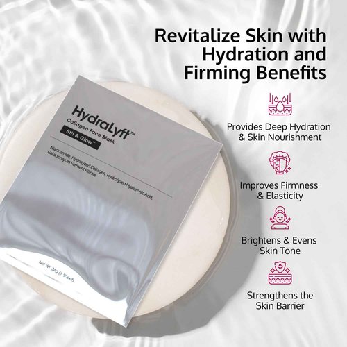 5th & Glow HydraLyft - Collagen Face Mask - Collagen Hydrogel Mask with Hyaluronic Acid & Niacinamide - Deep Hydration, Anti-Aging & Firming Collagen Mask for a Youthful, Glass Skin Glow - 4 Sheets