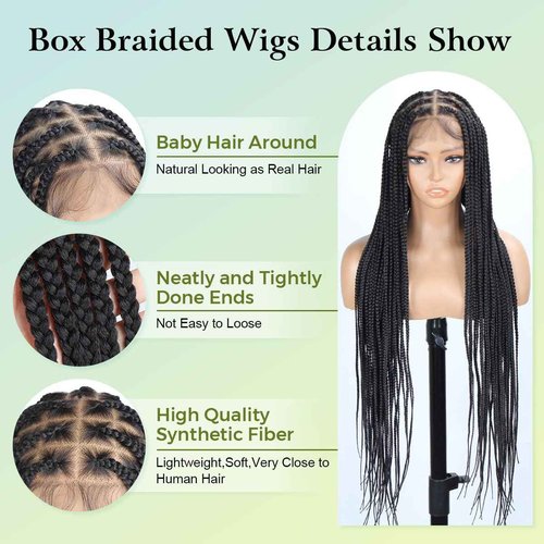 Vecago 36 inch Single Full Lace Braided Wigs for Black Women, 360 HD Lace Knotless Box Braid Wigs with Baby Hair Black Synthetic Braid Wig