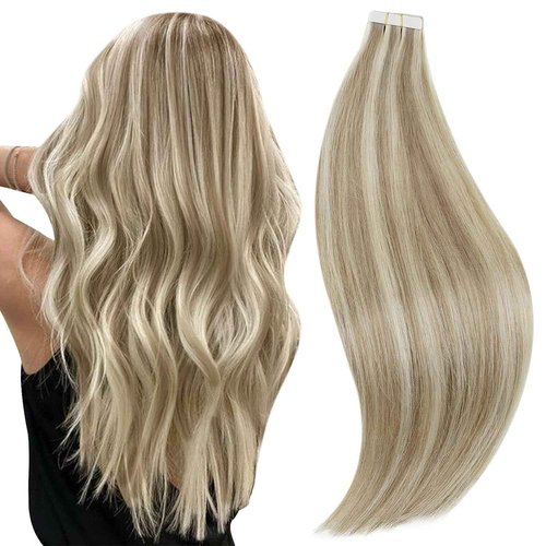 RUNATURE 22 Inch Tape in Hair Extensions Human Hair Ash Brown Highlight Platinum Blonde Hair Extensions Tape in Invisible Straight Tape Ins Human Hair Extensions Blonde Silky Double Sided 50g 20pcs