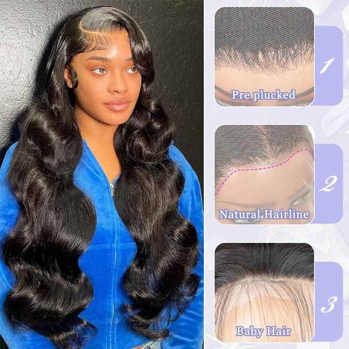 INVITEYOU 13x4 Body Wave Lace Front Wigs Human Hair Pre Plucked 180 Density HD Transparent Lace Frontal Wigs with Baby Hair Natural Hairline Gluesless Human Hair Wigs for Women Black 22 Inch