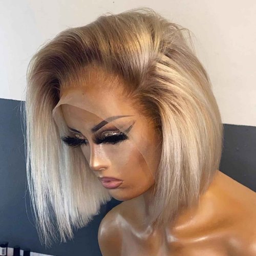 Msviki 13x4 Blonde Ombre Bob Wig with Dark Roots Brazilian Remy Human Hair Double Drawn 180% Density Short Straight Wig Preplucked UHD Transparent Lace Frontal Wigs for Women 12inches