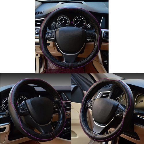 Gomass Car Steering Wheel Cover, Anti-Slip, Safety, Soft, Breathable, Heavy Duty, Thick, Full Surround, Sports Style (Black with Purple line)