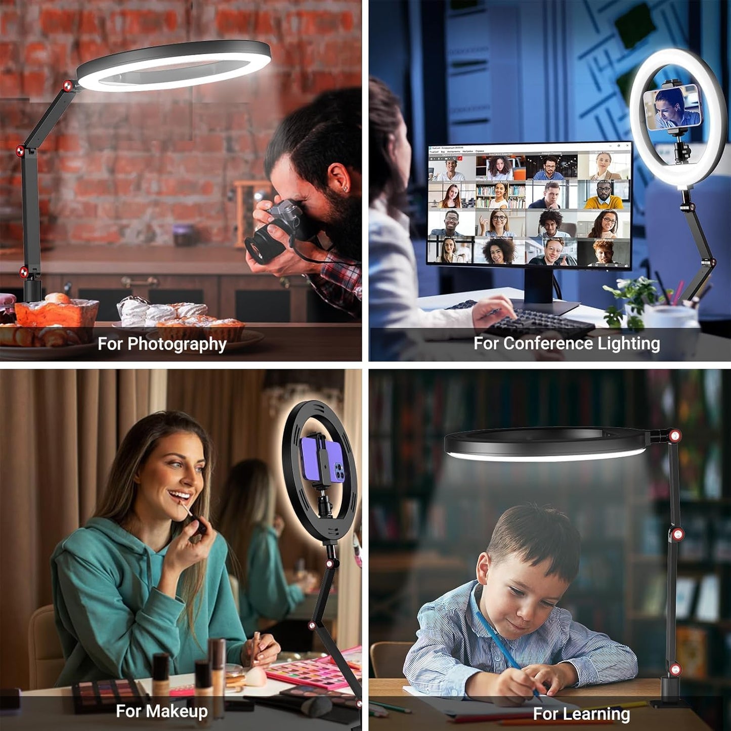 APEXEL 10" Ring Light for Desk, Ring Light with Stand and Phone Holder, Overhead Camera Mount with C-Clamp, 360° Rotate & Adjust Arm for Photography/Makeup/Live Stream Video/YouTube