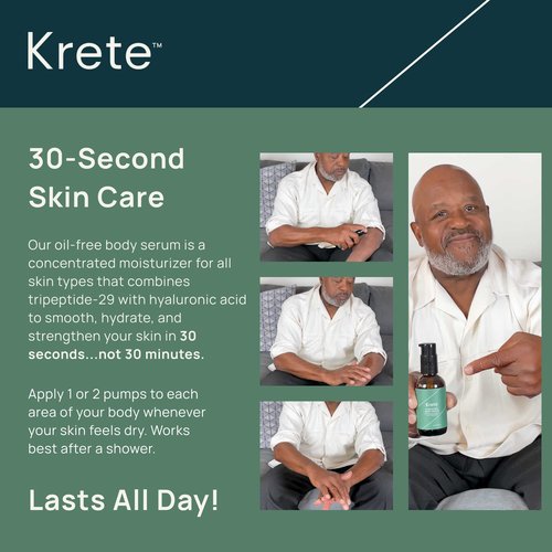KRETE Hydrating Body Serum for Men - Moisturize, Smooth, Hydrate & Strengthen Your Skin In 30-Seconds, Oil-Free, All Skin Types, with Tripeptide-29 & Hyaluronic Acid